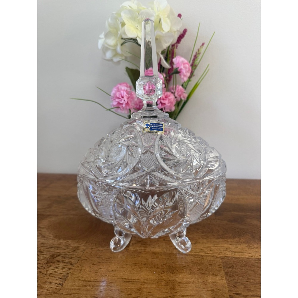 Vintage Lausitzer Glas Crystal Covered Candy Dish‎ Footed Bonbon Bowl German Cut